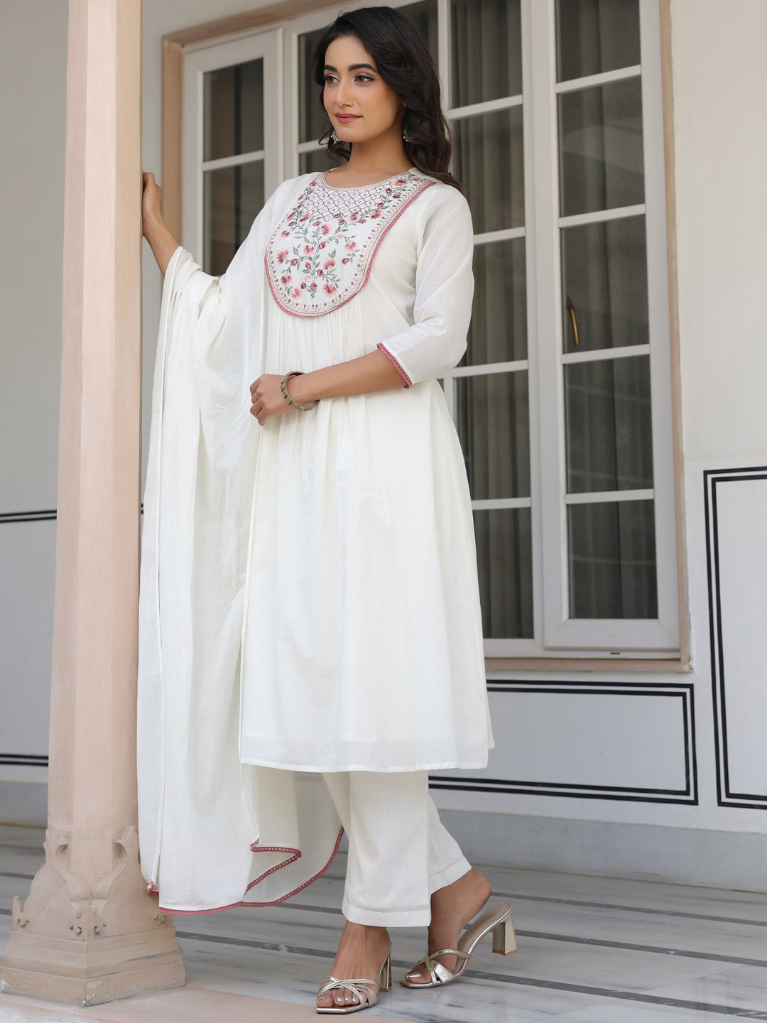 Janasya Light Cotton Yoke Embroidery A-Line Kurta Set | Swadesiicart