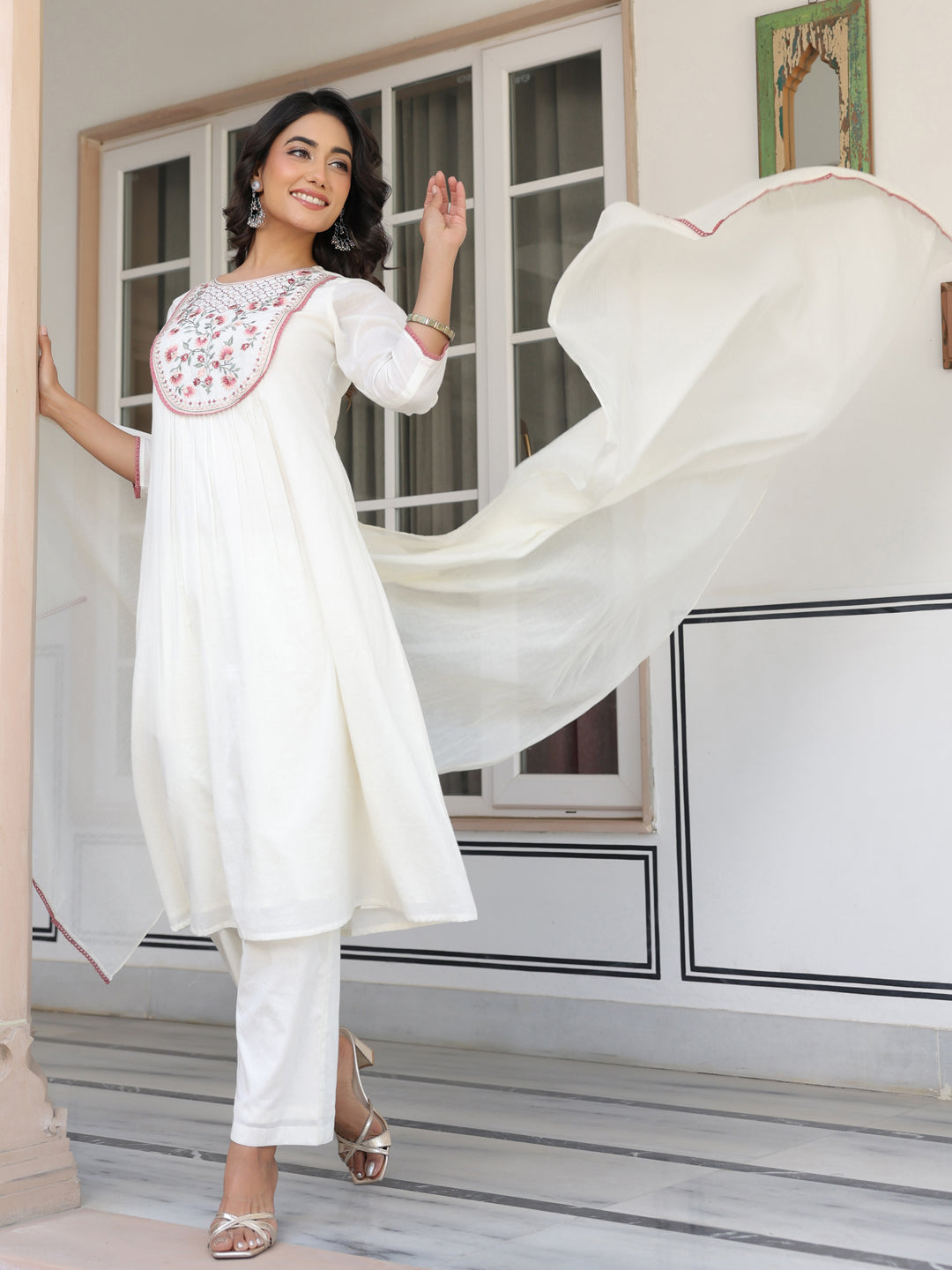 Janasya Light Cotton Yoke Embroidery A-Line Kurta Set | Swadesiicart