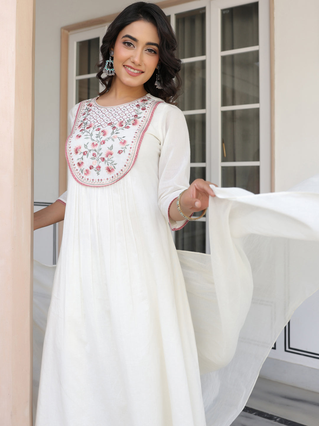 Janasya Light Cotton Yoke Embroidery A-Line Kurta Set | Swadesiicart