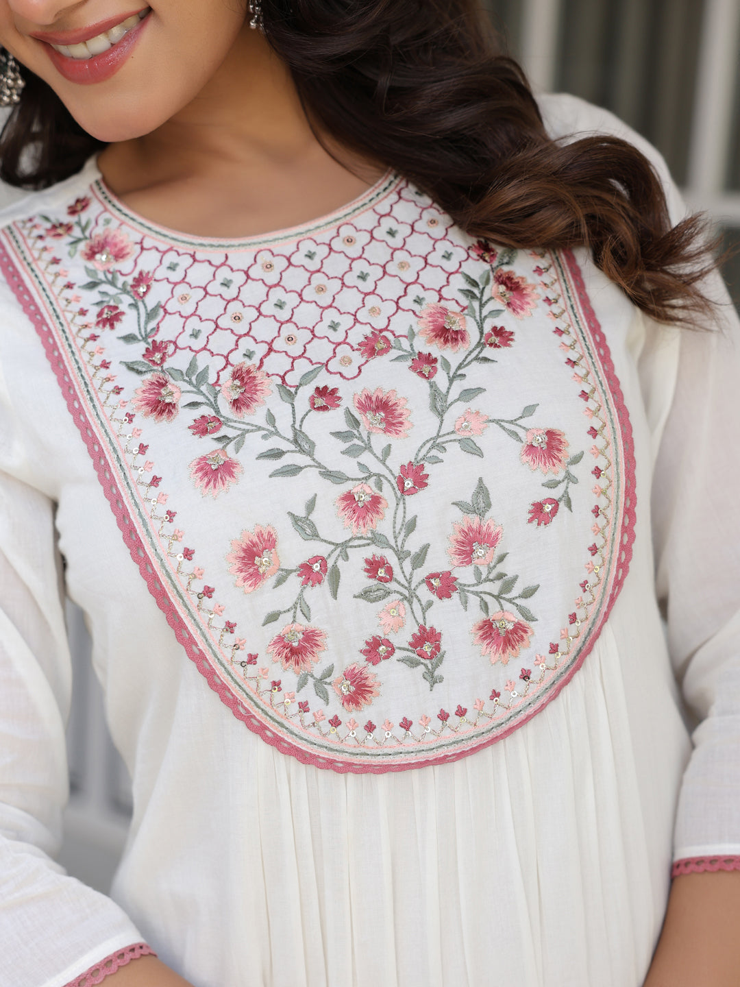 Janasya Light Cotton Yoke Embroidery A-Line Kurta Set | Swadesiicart