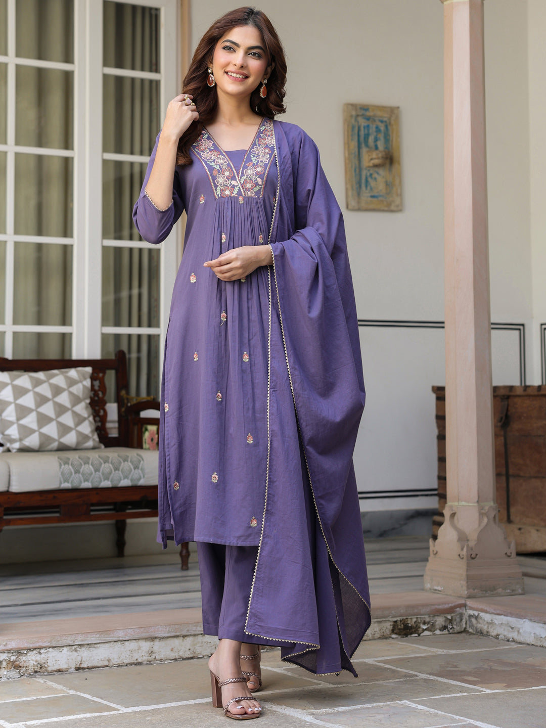 Janasya Dark Cotton Embroidered A-Line Kurta Set | Swadesiicart