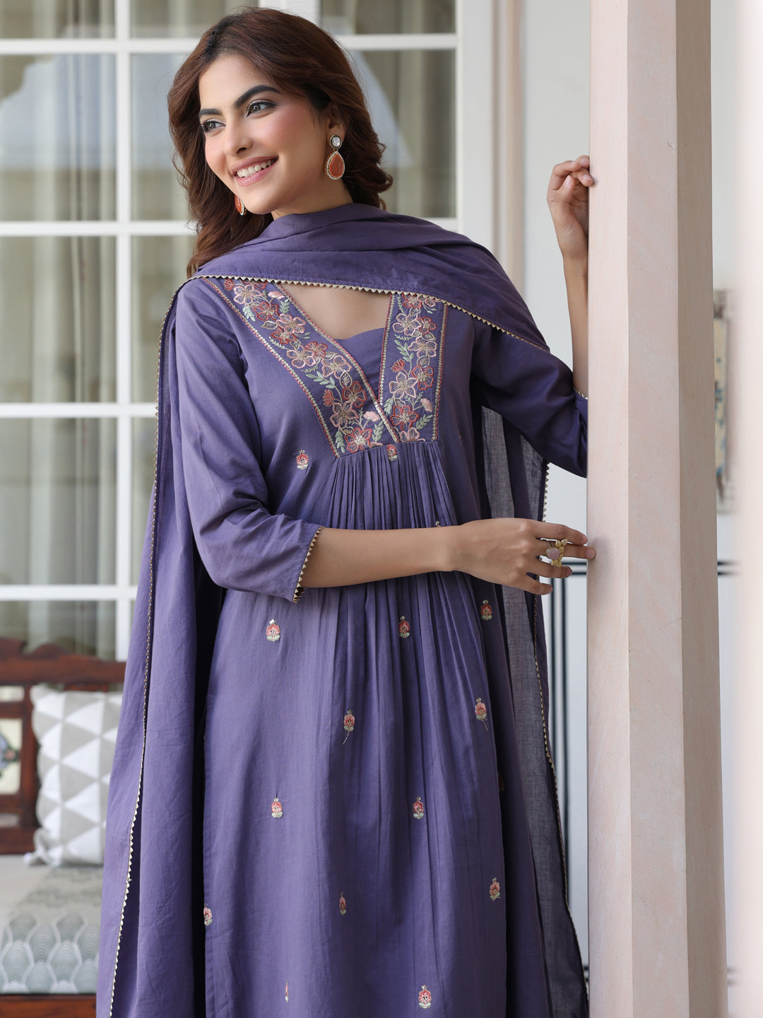 Janasya Dark Cotton Embroidered A-Line Kurta Set | Swadesiicart