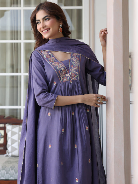 Janasya Dark Cotton Embroidered A-Line Kurta Set | Swadesiicart