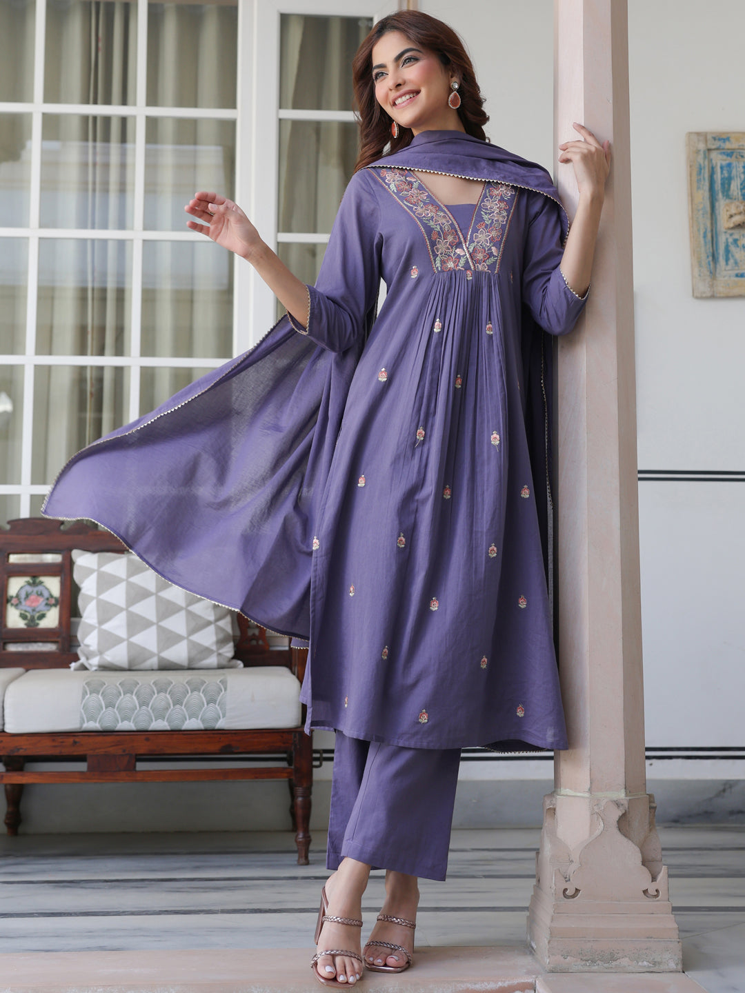 Janasya Dark Cotton Embroidered A-Line Kurta Set | Swadesiicart