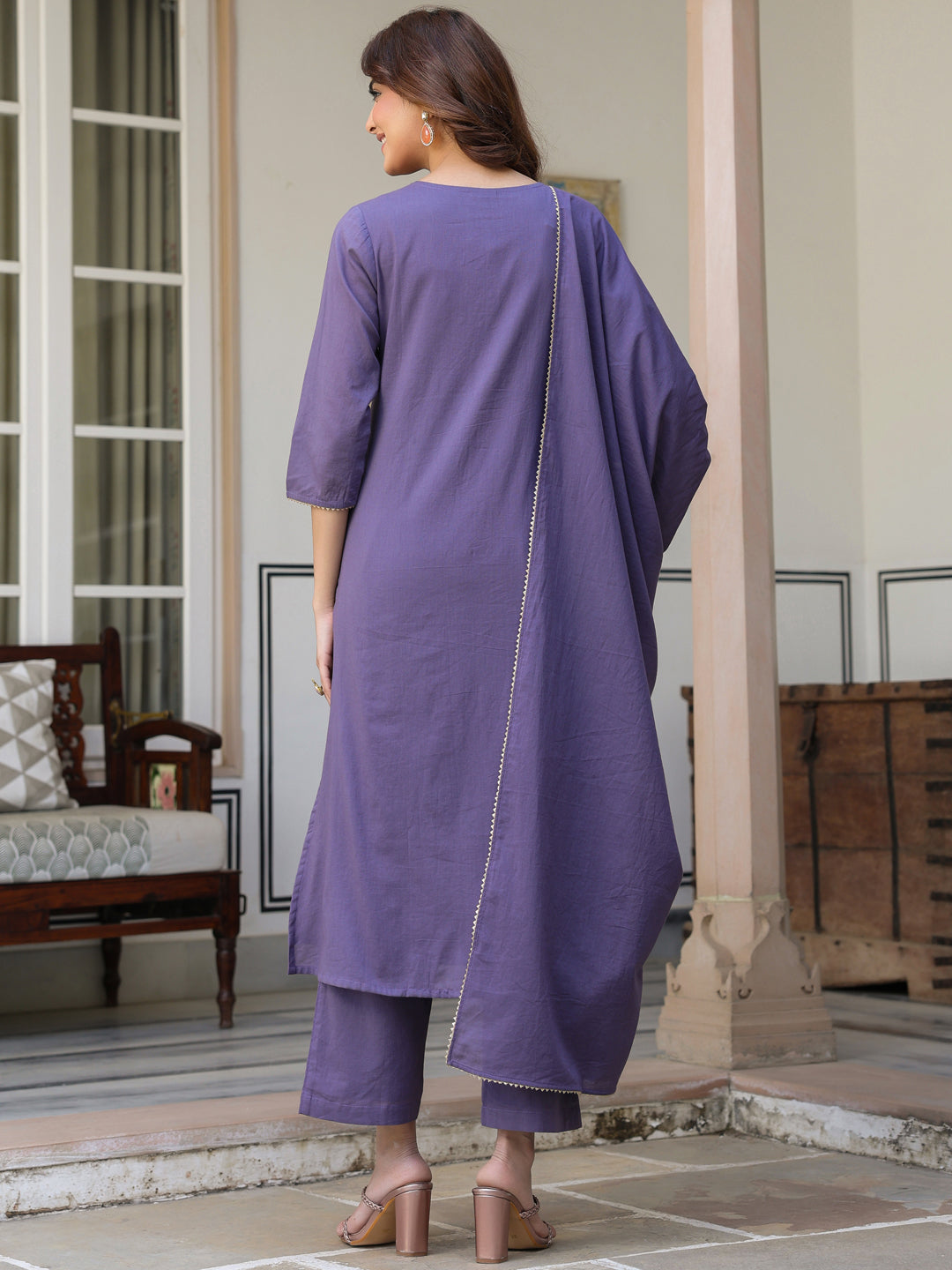 Janasya Dark Cotton Embroidered A-Line Kurta Set | Swadesiicart