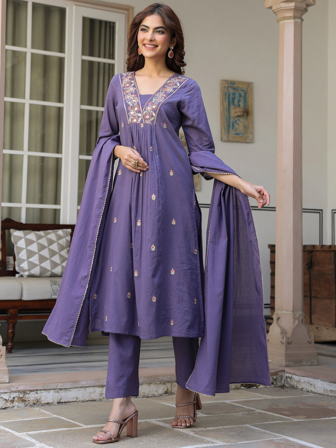 Janasya Dark Cotton Embroidered A-Line Kurta Set | Swadesiicart