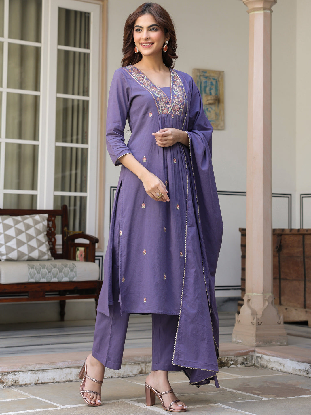 Janasya Dark Cotton Embroidered A-Line Kurta Set | Swadesiicart