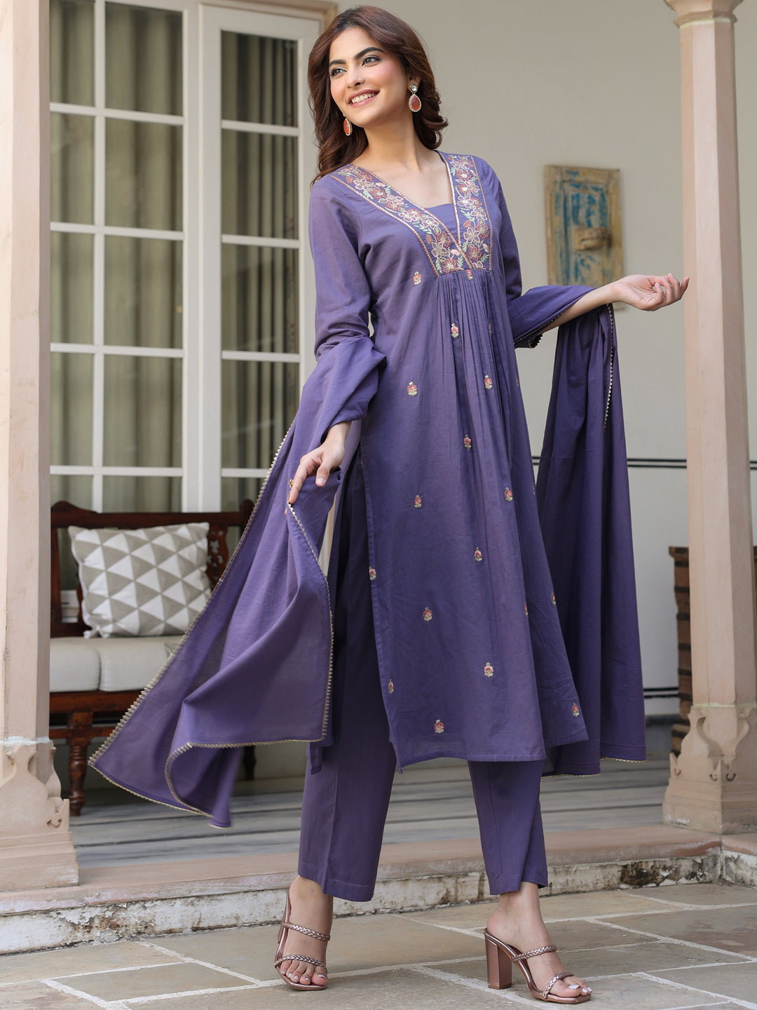 Janasya Dark Cotton Embroidered A-Line Kurta Set | Swadesiicart