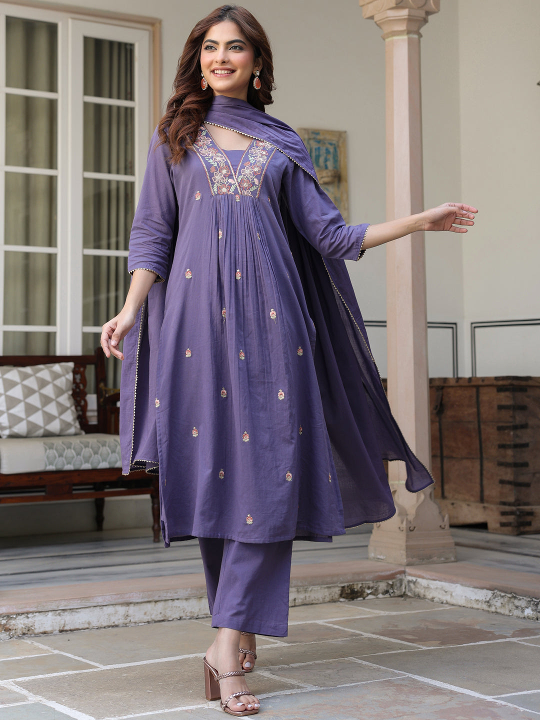 Janasya Dark Cotton Embroidered A-Line Kurta Set | Swadesiicart