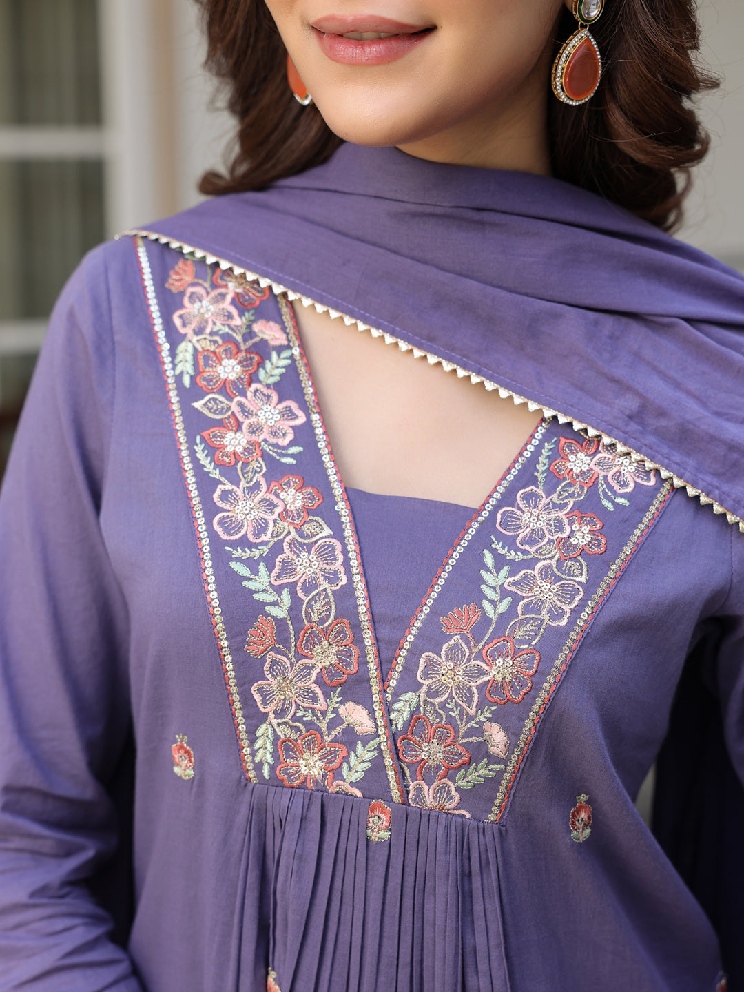 Janasya Dark Cotton Embroidered A-Line Kurta Set | Swadesiicart