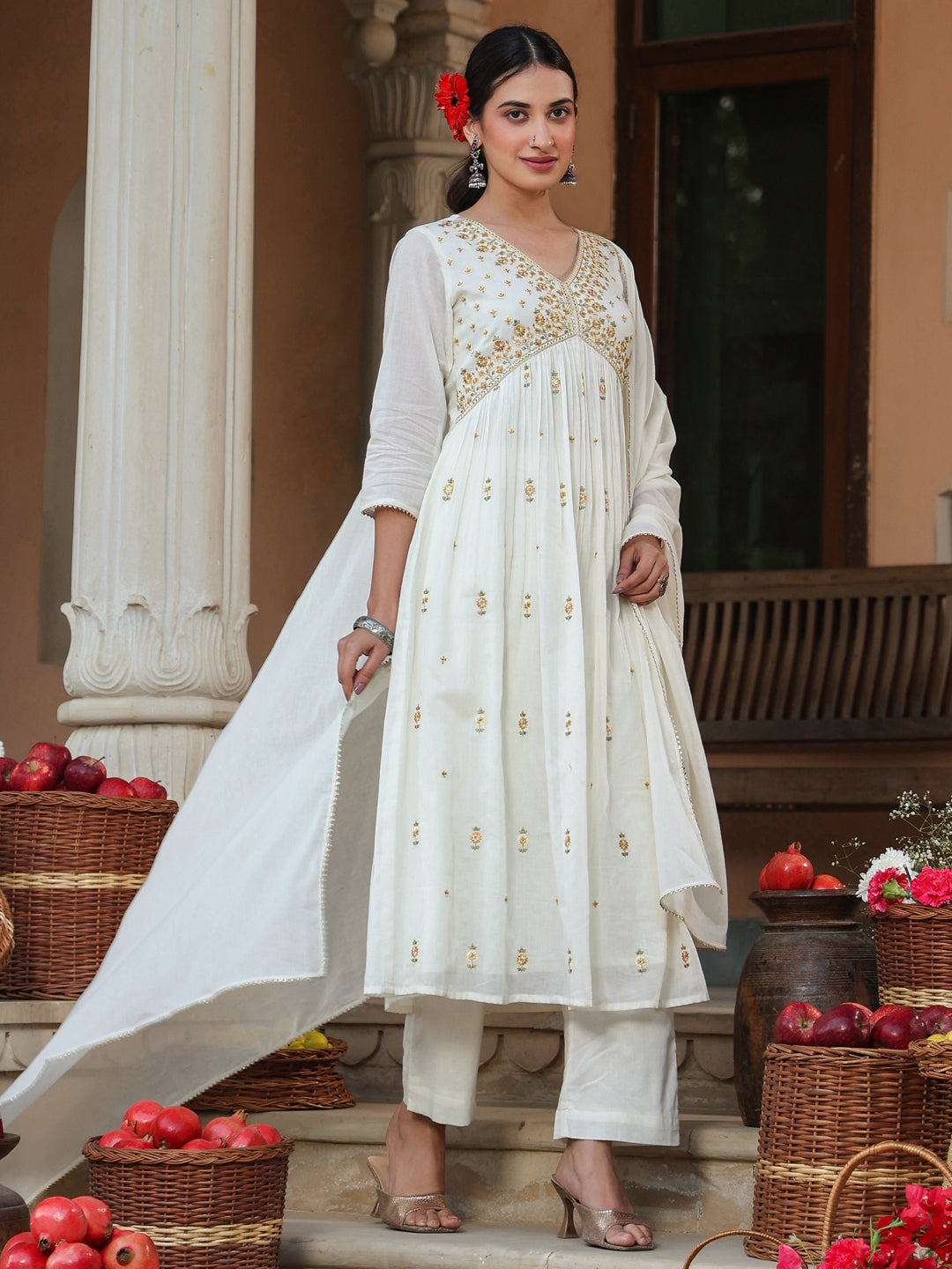 Janasya Light Cotton Embroidered A-Line Kurta Set | Swadesiicart