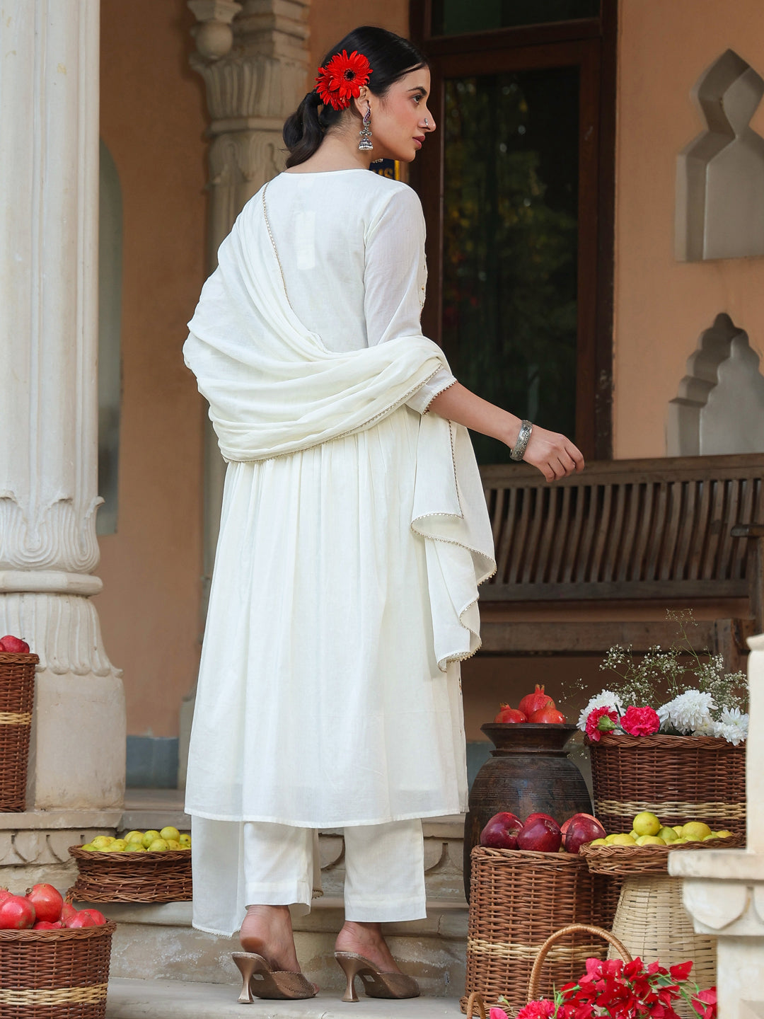 Janasya Light Cotton Embroidered A-Line Kurta Set | Swadesiicart