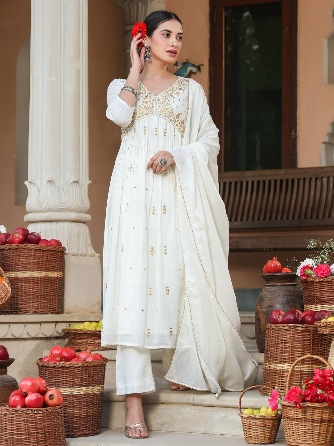 Janasya Light Cotton Embroidered A-Line Kurta Set | Swadesiicart