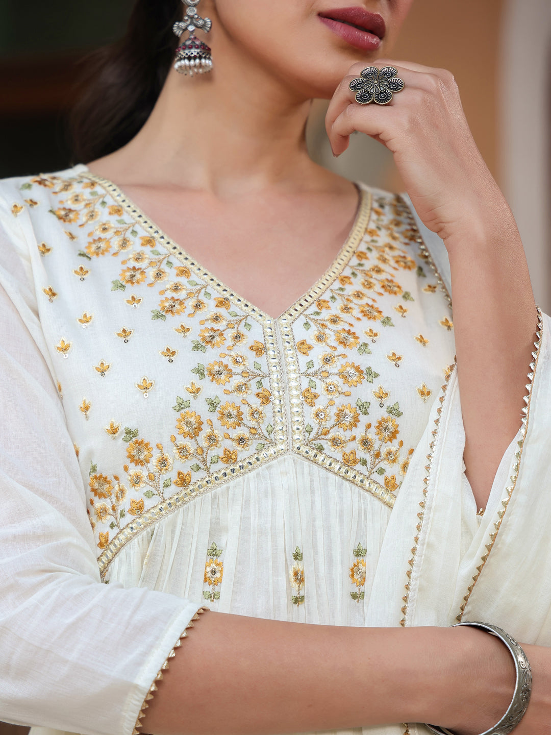 Janasya Light Cotton Embroidered A-Line Kurta Set | Swadesiicart