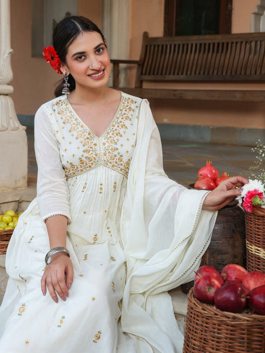 Janasya Light Cotton Embroidered A-Line Kurta Set | Swadesiicart