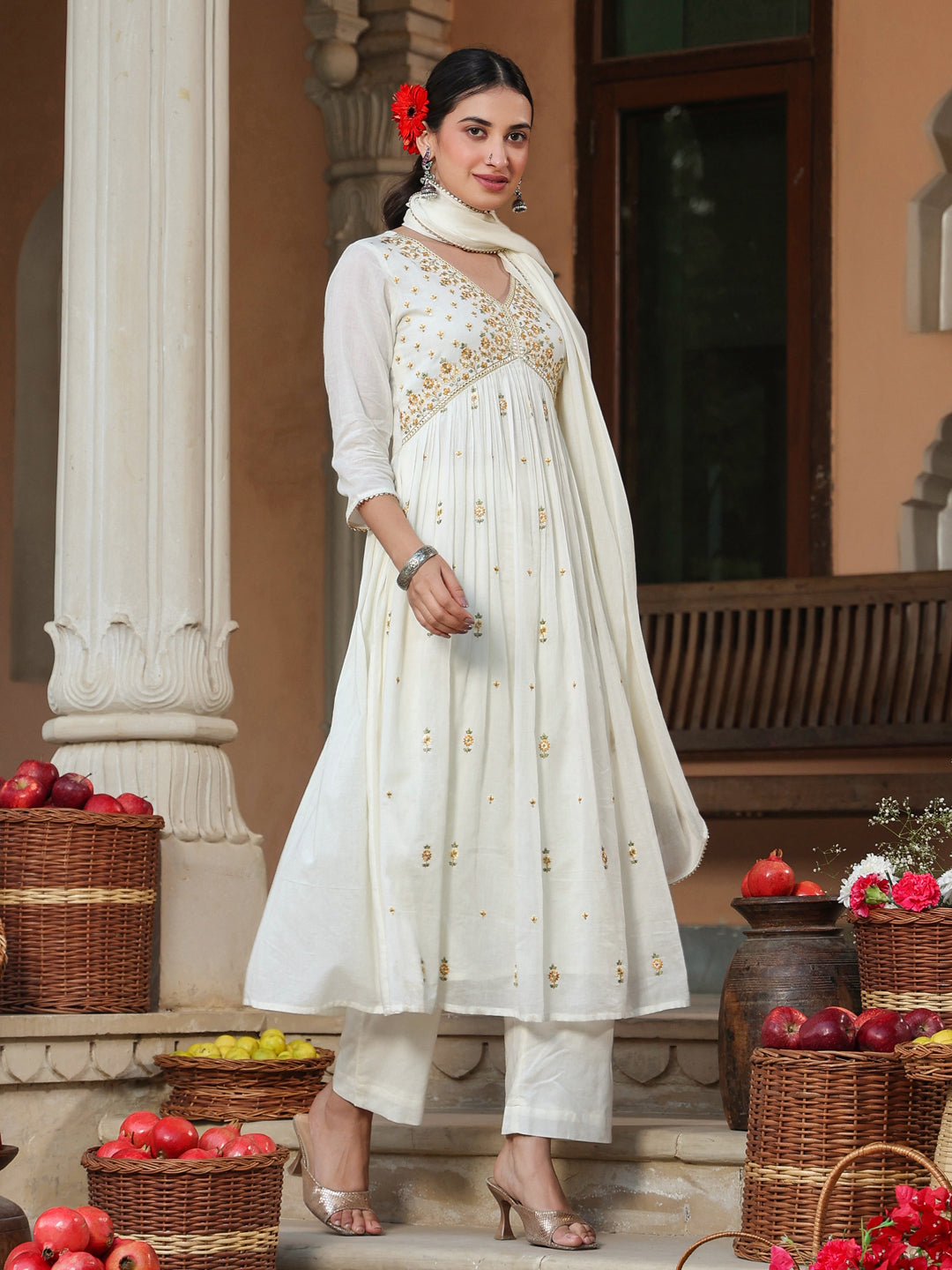 Janasya Light Cotton Embroidered A-Line Kurta Set | Swadesiicart
