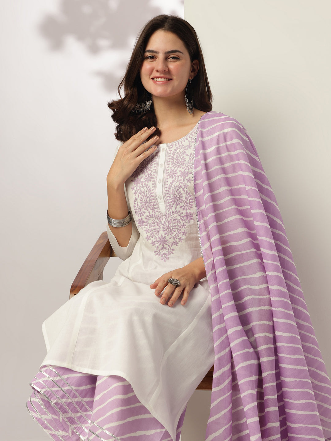 Janasya Light Cotton Yoke Embroidery Straight Kurta Set | Swadesiicart