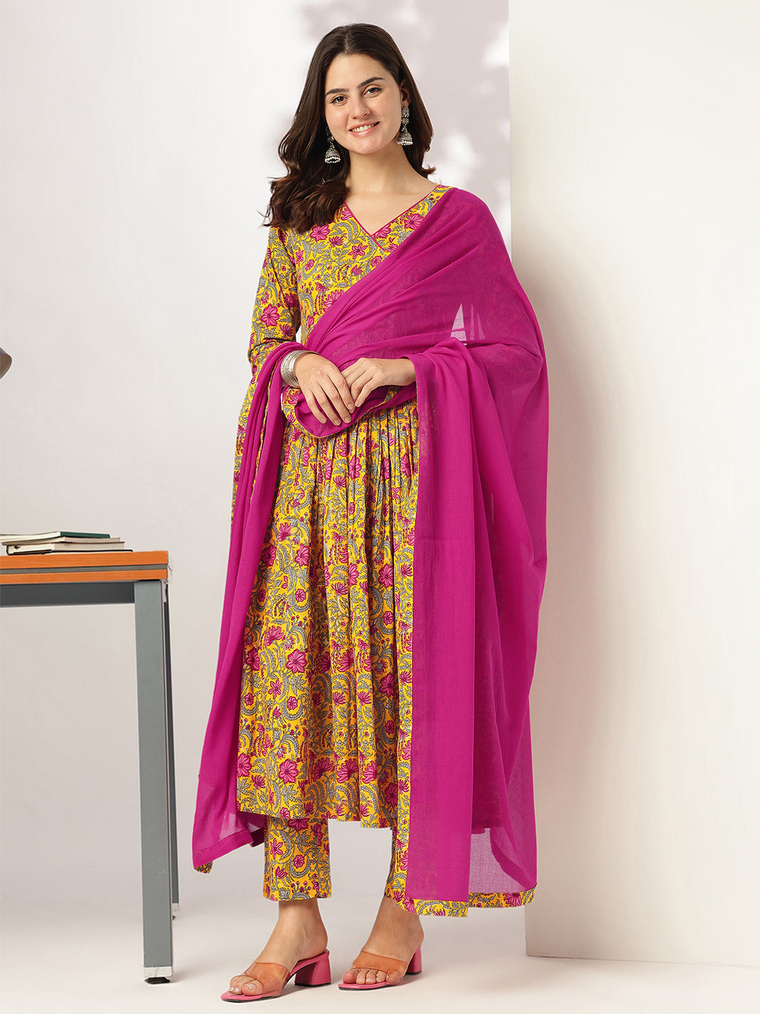 Janasya Bright Cotton Floral Angrakha Kurta Set | Swadesiicart