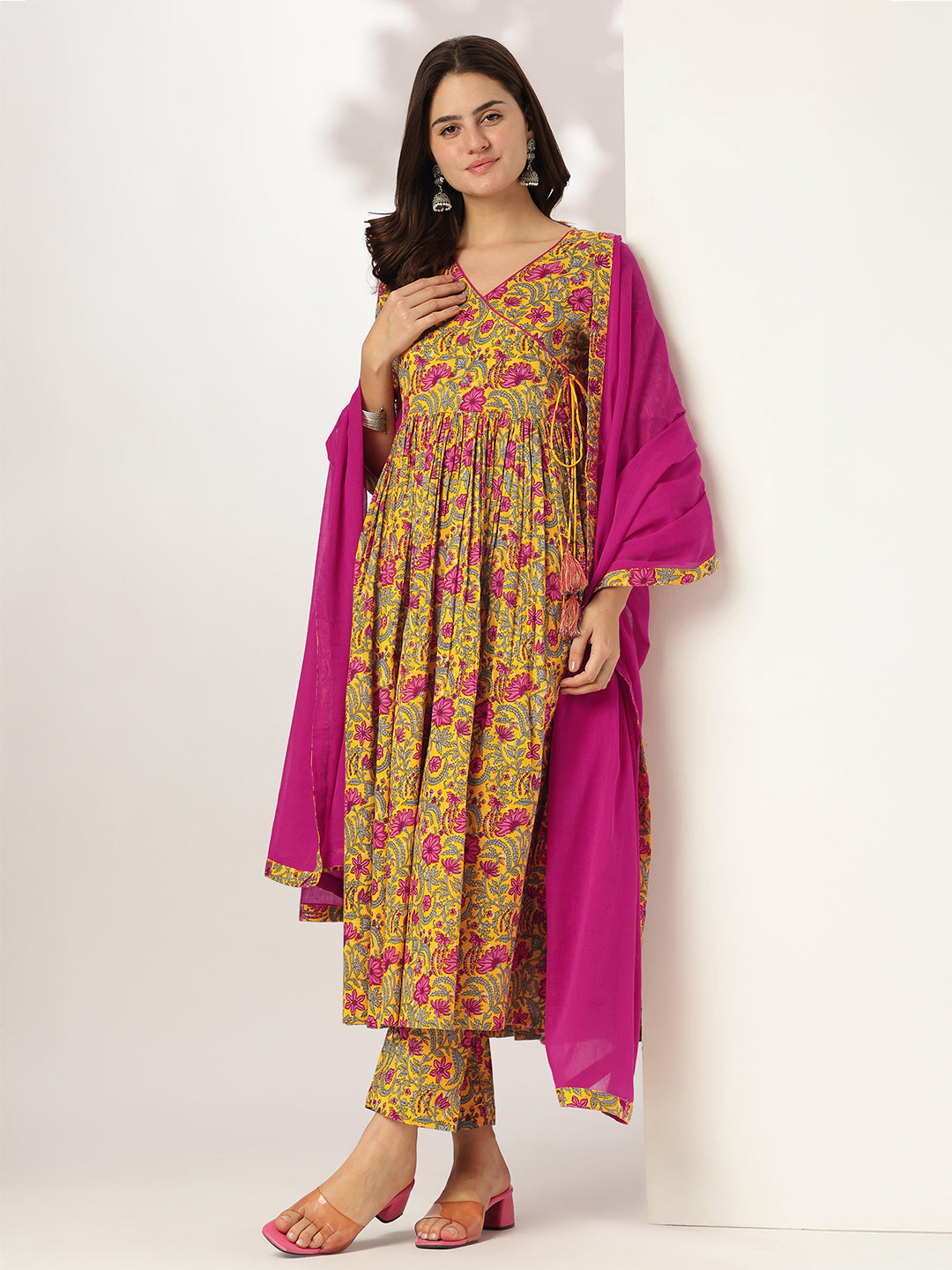 Janasya Bright Cotton Floral Angrakha Kurta Set | Swadesiicart