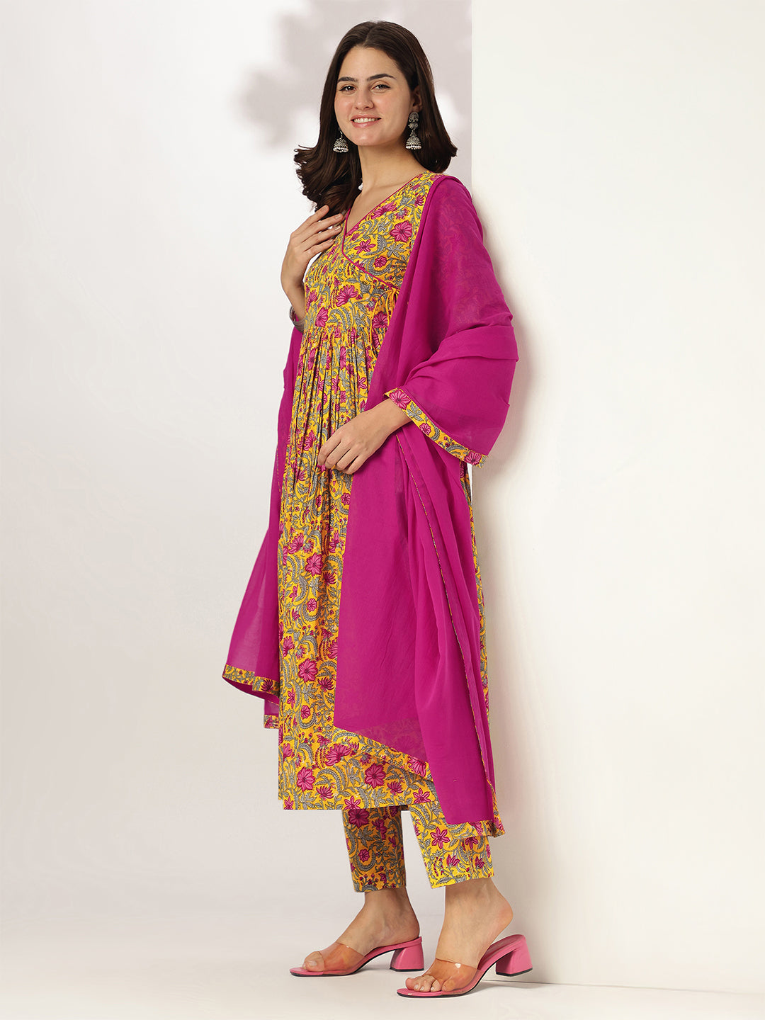 Janasya Bright Cotton Floral Angrakha Kurta Set | Swadesiicart