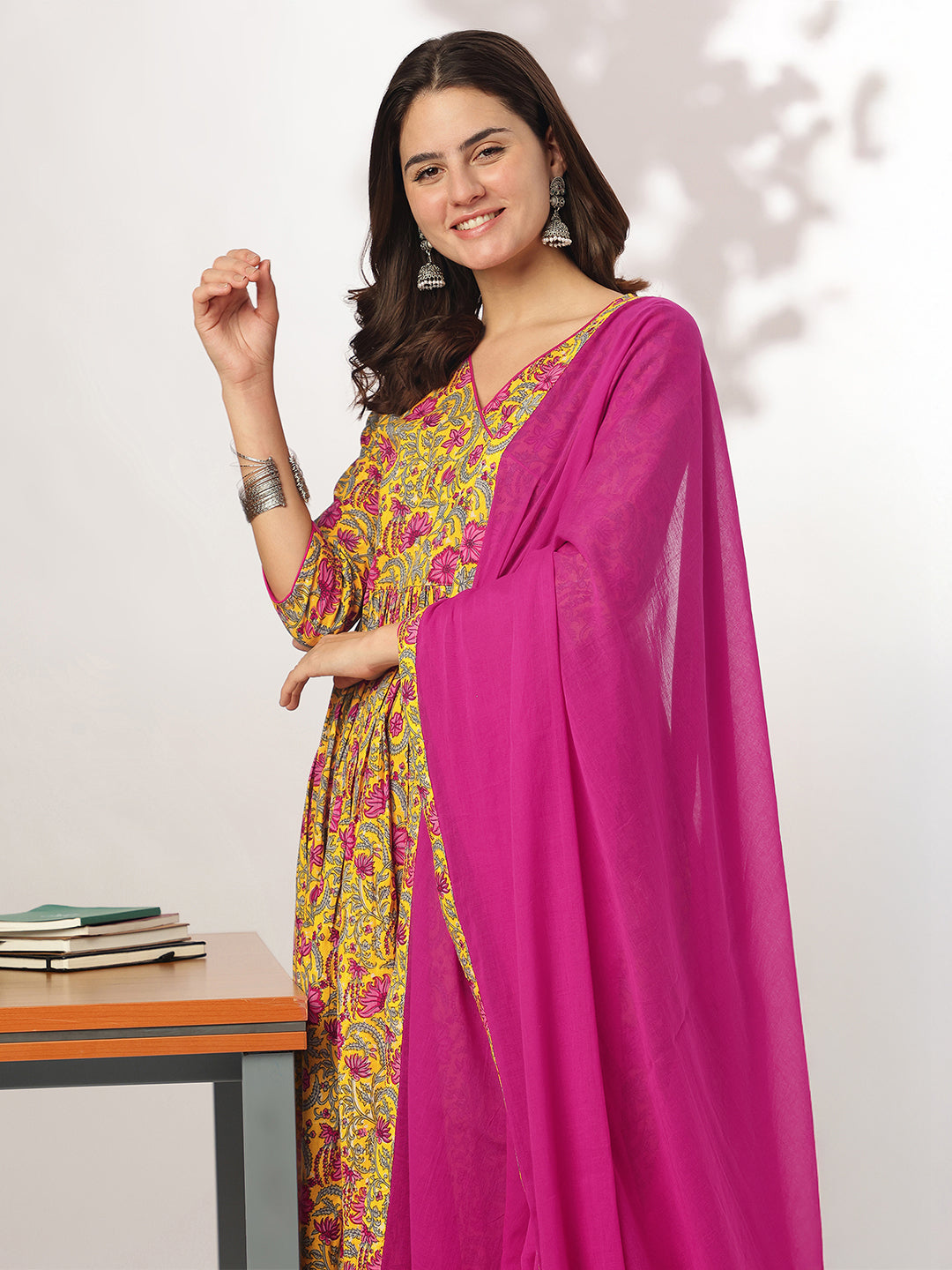 Janasya Bright Cotton Floral Angrakha Kurta Set | Swadesiicart