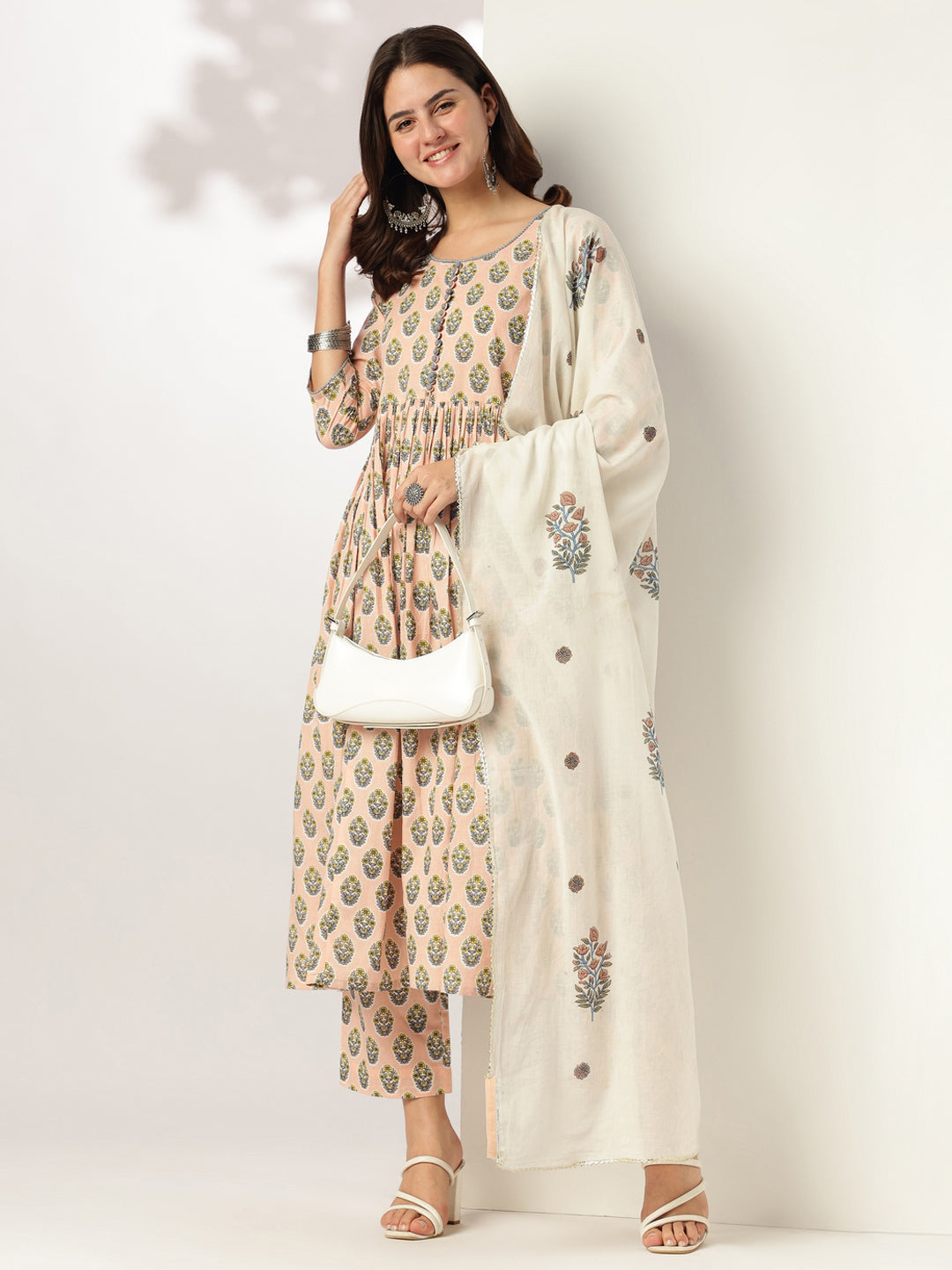 Janasya Light Cotton Floral A-Line Kurta Set | Swadesiicart