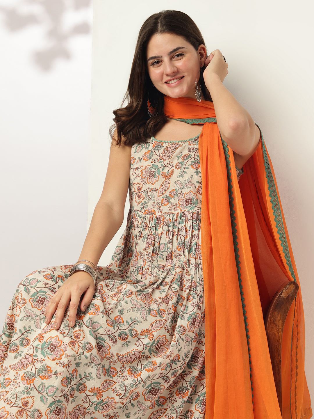 Janasya Light Cotton Floral A-Line Kurta Set | Swadesiicart