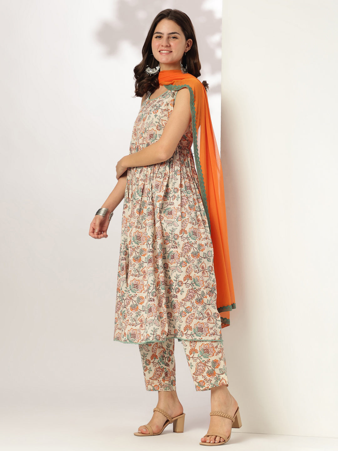 Janasya Light Cotton Floral A-Line Kurta Set | Swadesiicart
