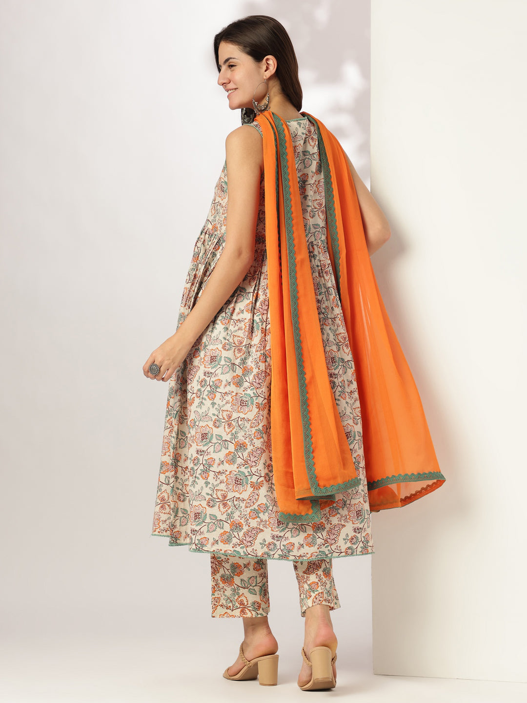 Janasya Light Cotton Floral A-Line Kurta Set | Swadesiicart