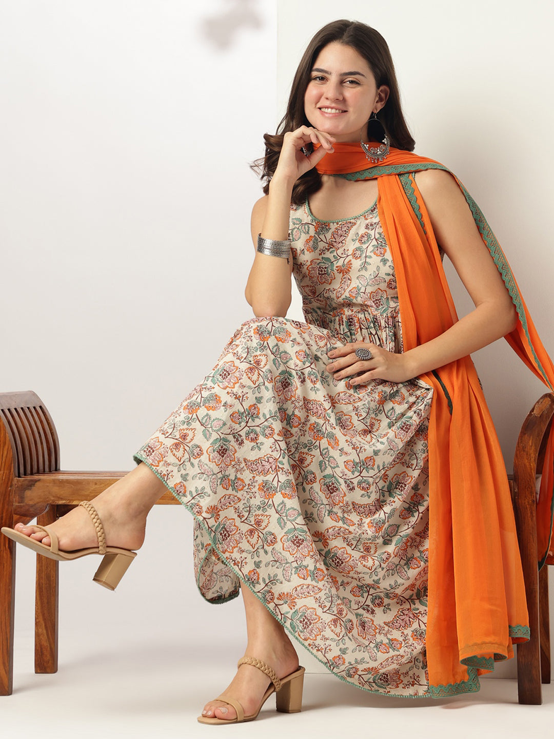 Janasya Light Cotton Floral A-Line Kurta Set | Swadesiicart