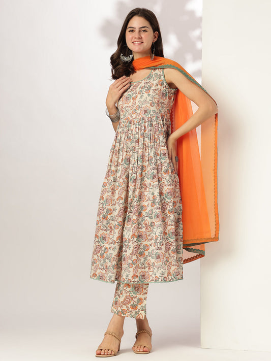 Janasya Light Cotton Floral A-Line Kurta Set | Swadesiicart