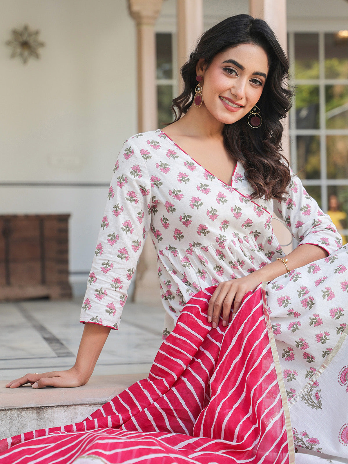 Janasya Light Cotton Floral Angrakha Kurta Set | Swadesiicart