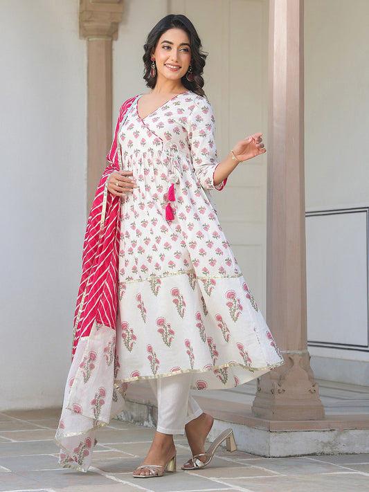 Janasya Light Cotton Floral Angrakha Kurta Set | Swadesiicart