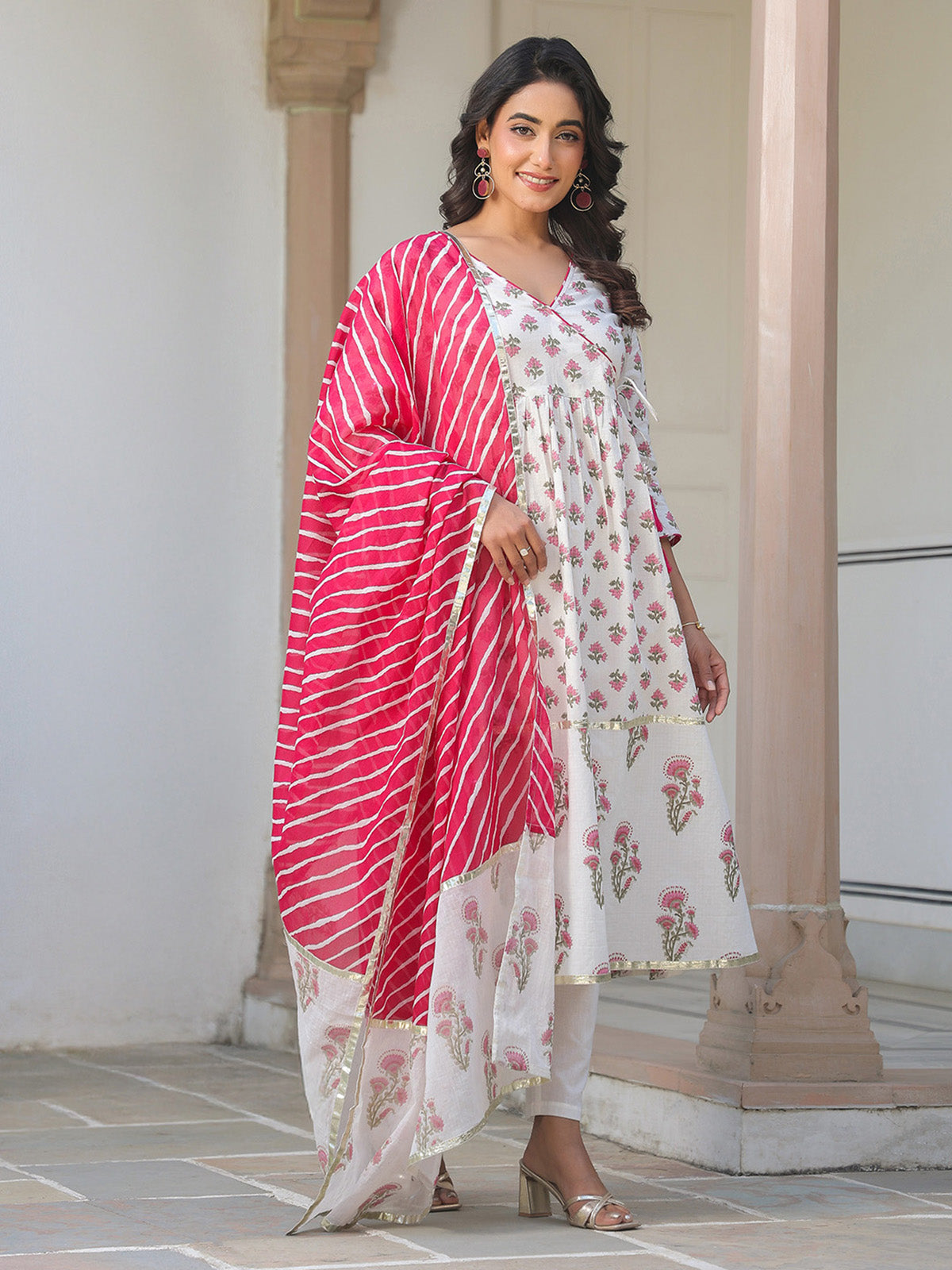Janasya Light Cotton Floral Angrakha Kurta Set | Swadesiicart
