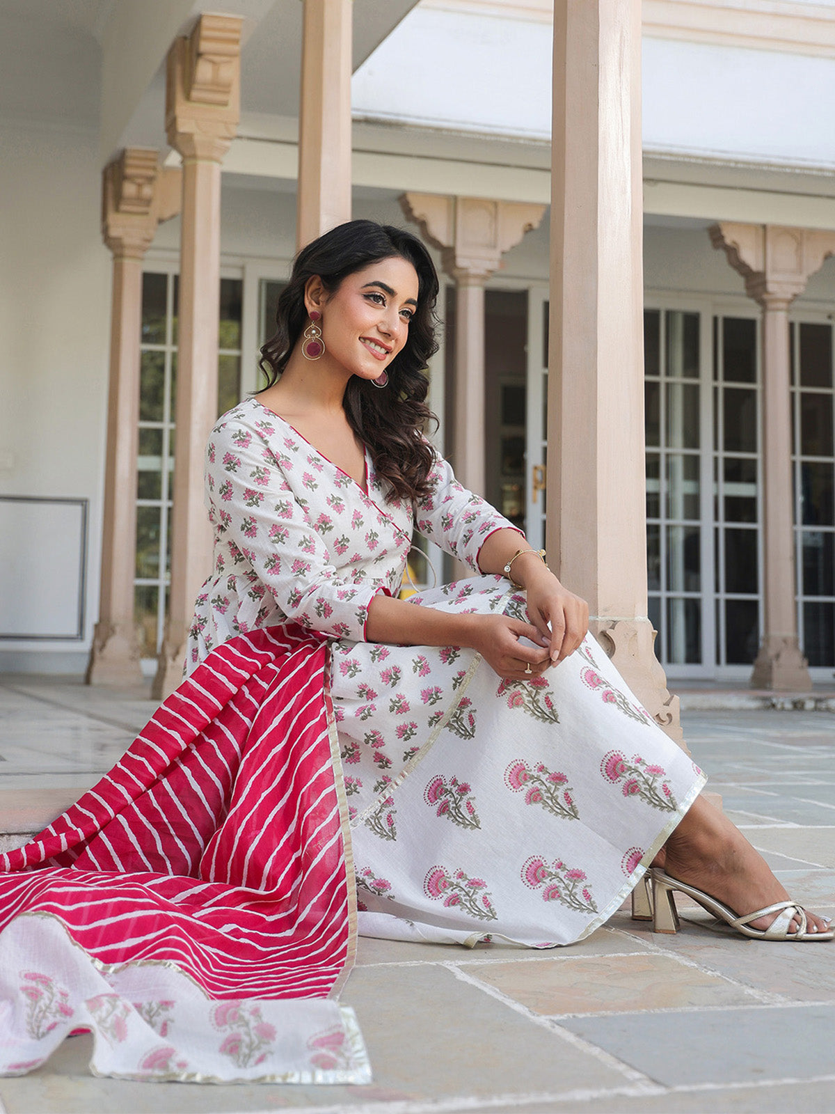 Janasya Light Cotton Floral Angrakha Kurta Set | Swadesiicart