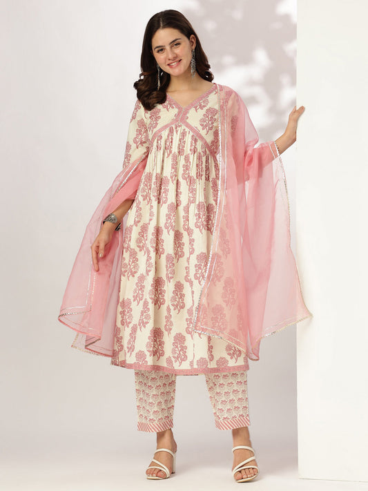 Janasya Light Cotton Floral A-Line Kurta Set | Swadesiicart