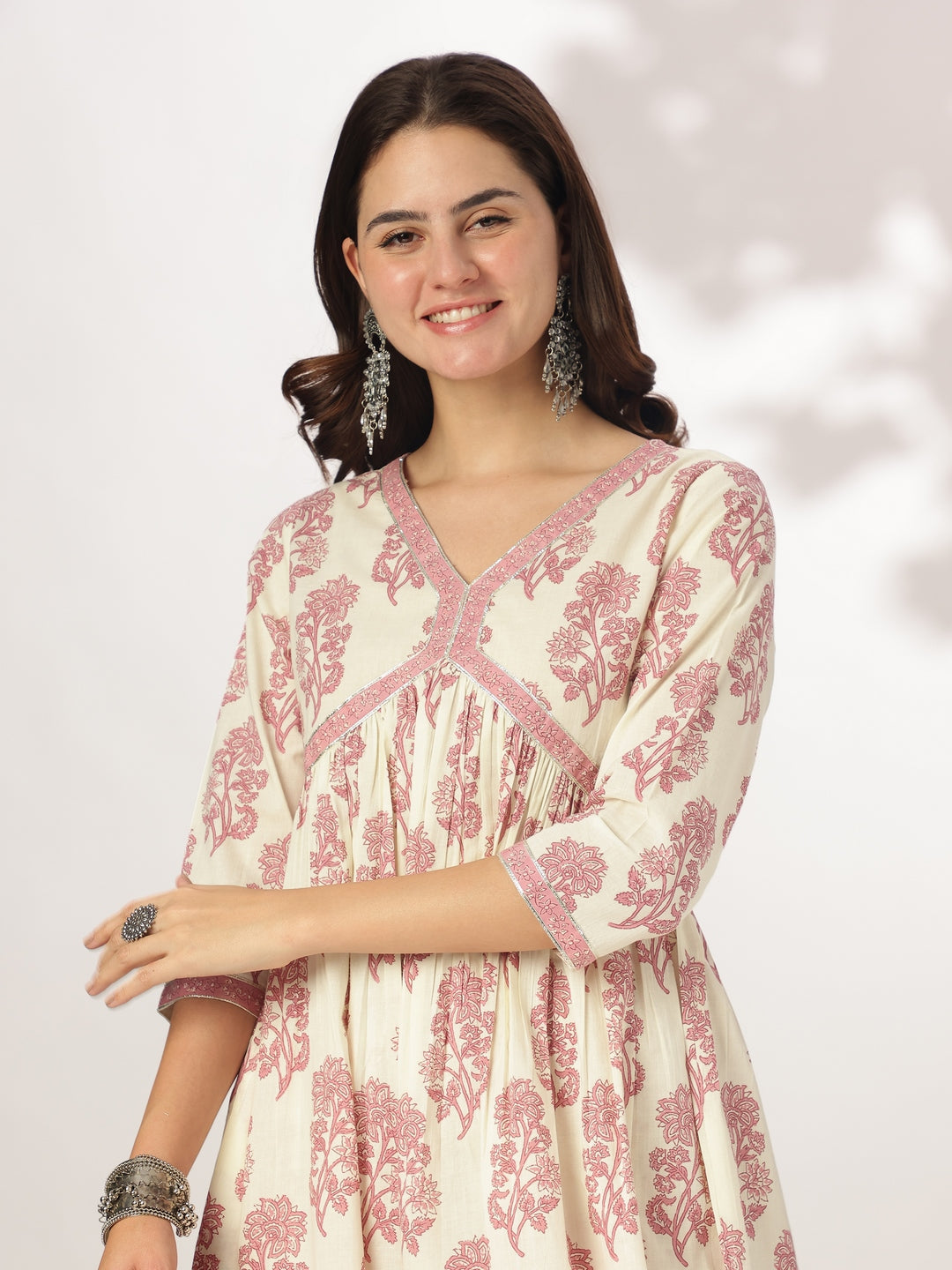 Janasya Light Cotton Floral A-Line Kurta Set | Swadesiicart
