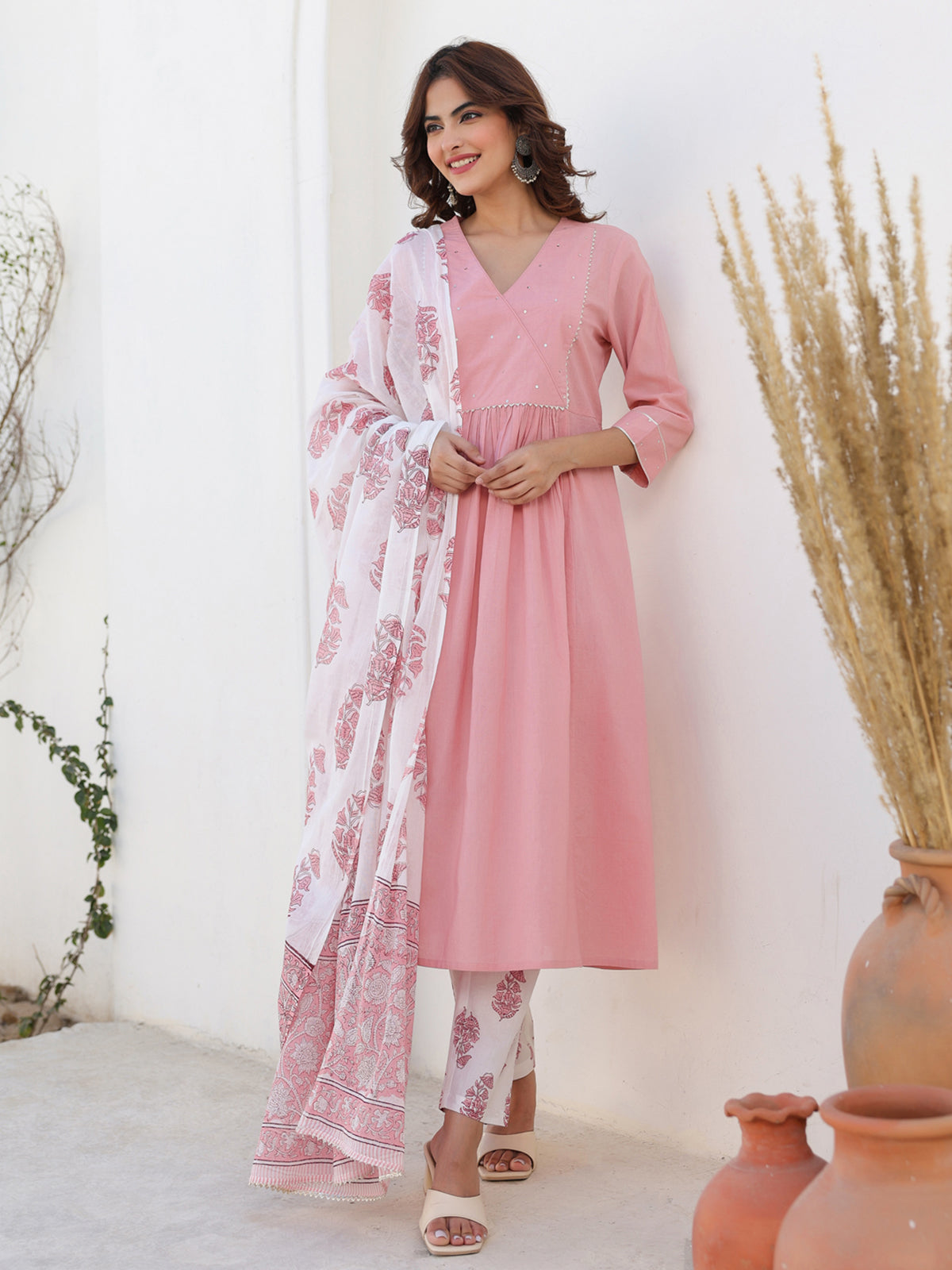 Janasya Light Cotton Embellished A-Line Kurta Set | Swadesiicart