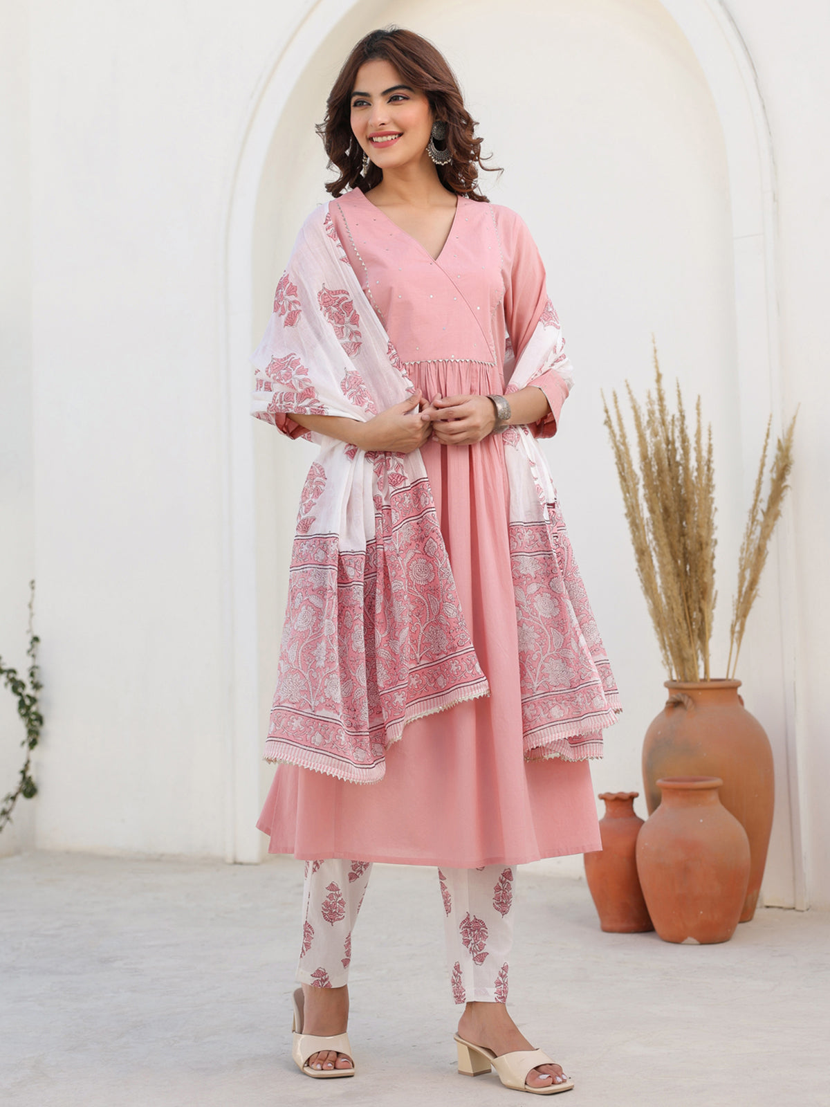Janasya Light Cotton Embellished A-Line Kurta Set | Swadesiicart