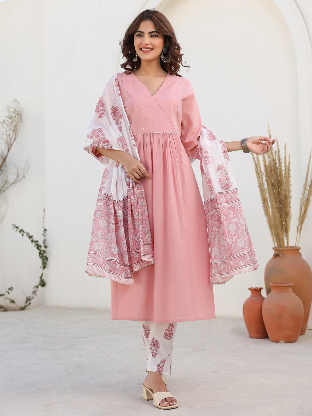Janasya Light Cotton Embellished A-Line Kurta Set | Swadesiicart