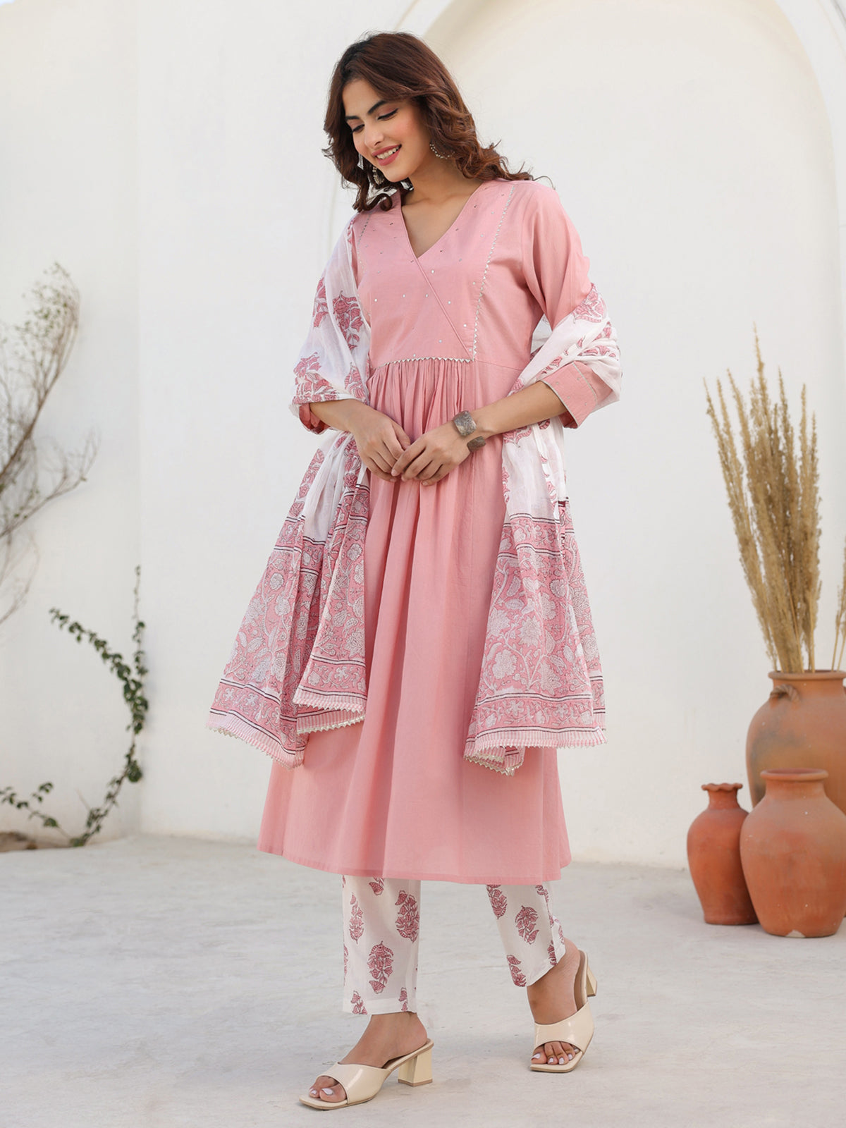 Janasya Light Cotton Embellished A-Line Kurta Set | Swadesiicart