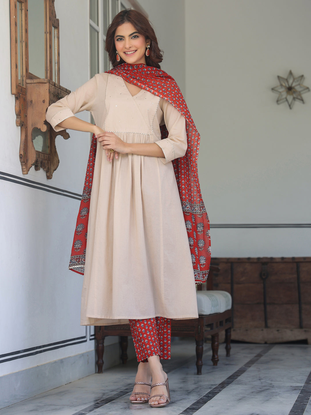 Janasya Light Cotton Solid A-Line Kurta Set | Swadesiicart