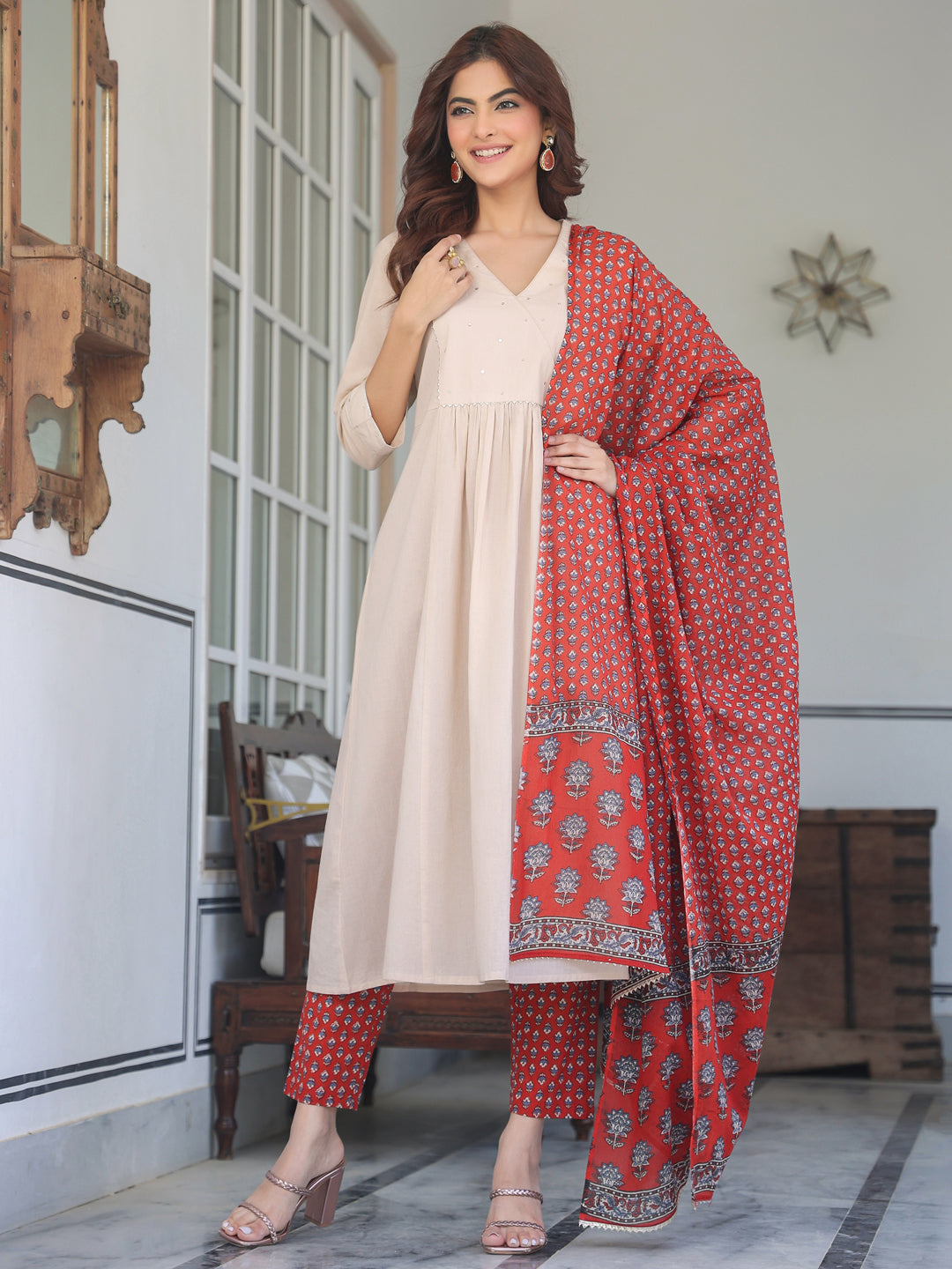 Janasya Light Cotton Solid A-Line Kurta Set | Swadesiicart