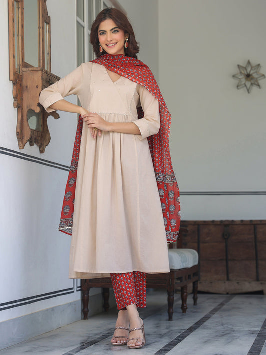 Janasya Light Cotton Solid A-Line Kurta Set | Swadesiicart
