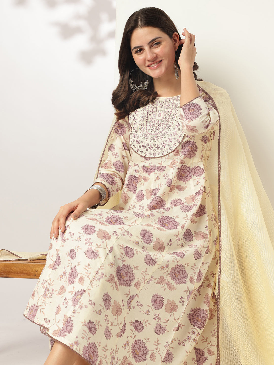 Janasya Light Cotton Floral Anarkali Kurta Set | Swadesiicart