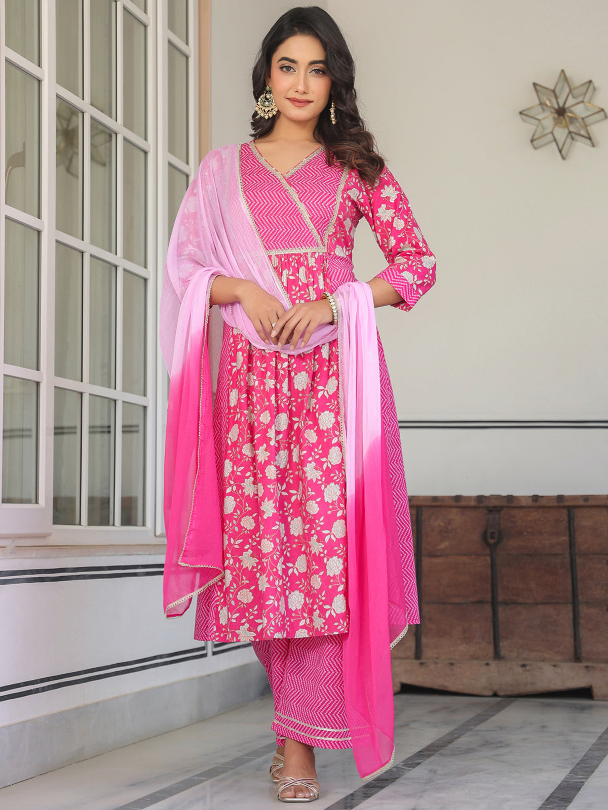 Janasya Bright Cotton Floral A-Line Kurta Set | Swadesiicart