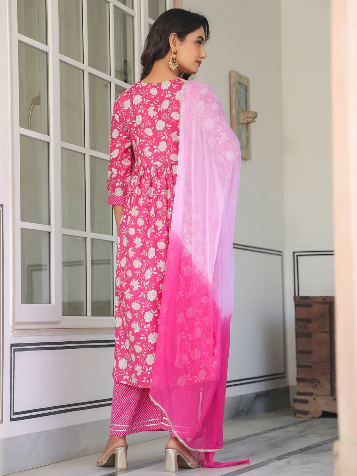 Janasya Bright Cotton Floral A-Line Kurta Set | Swadesiicart