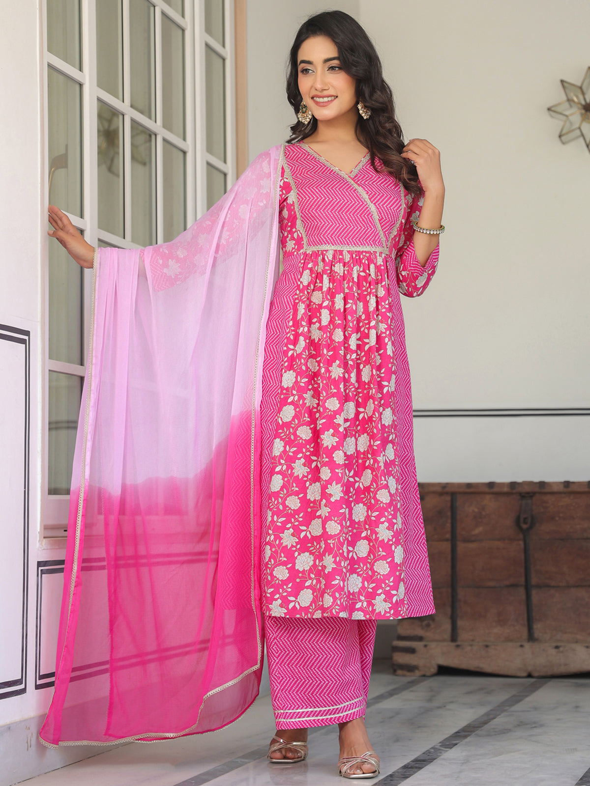 Janasya Bright Cotton Floral A-Line Kurta Set | Swadesiicart