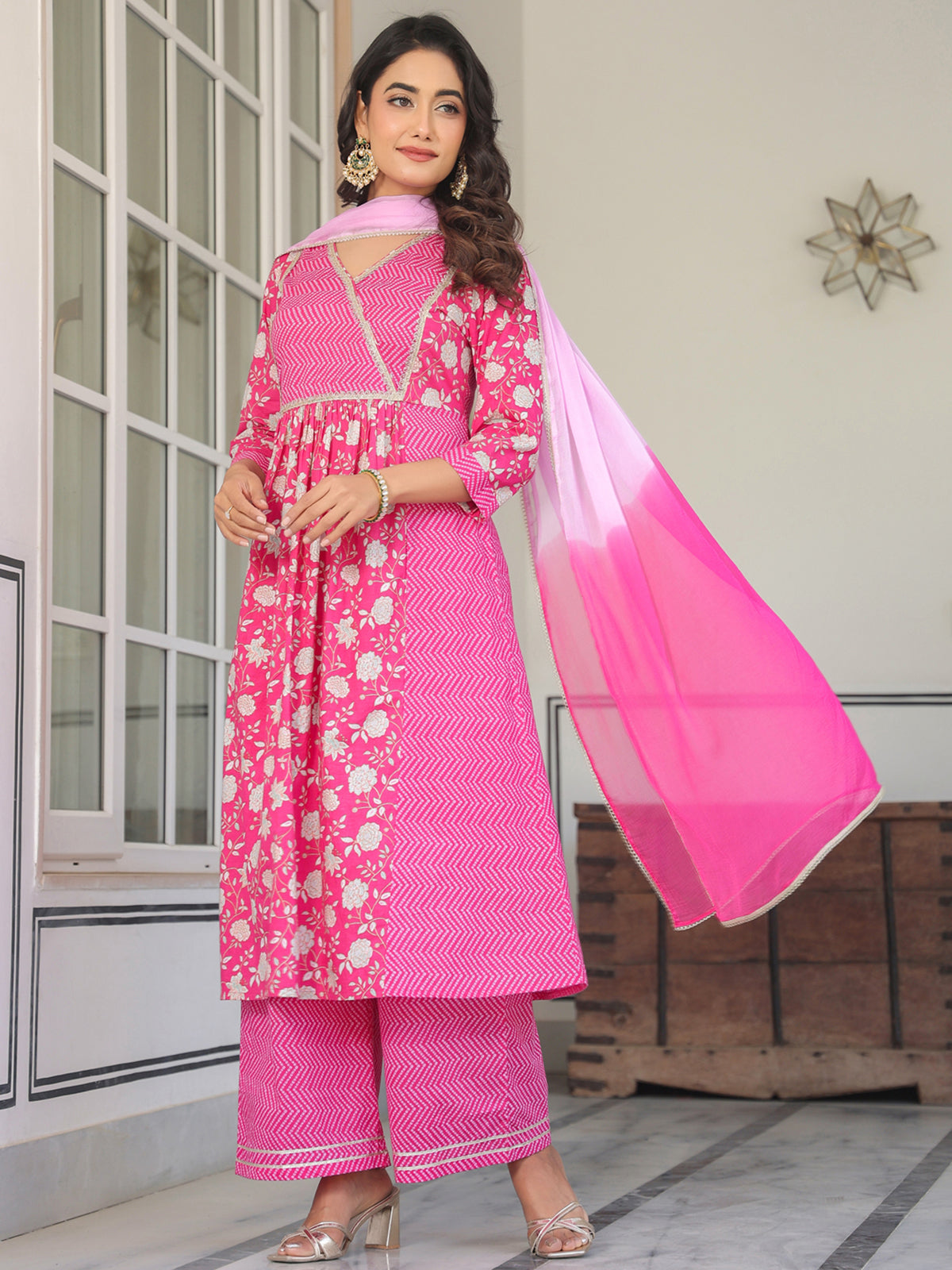 Janasya Bright Cotton Floral A-Line Kurta Set | Swadesiicart