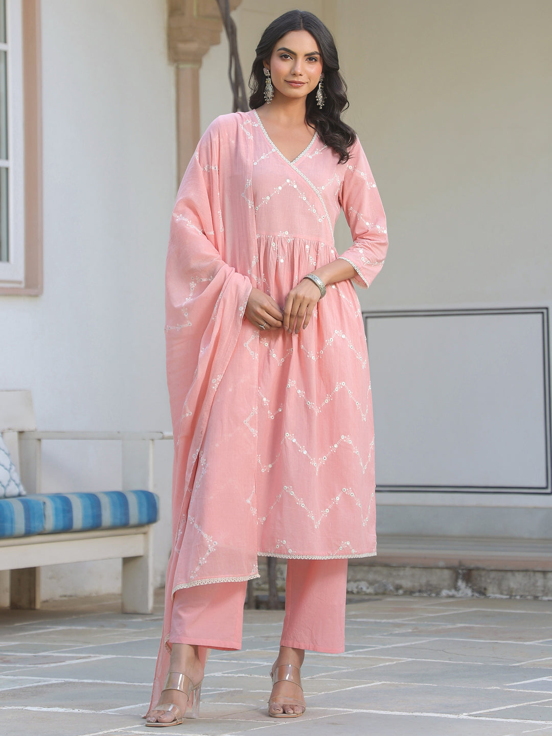 Janasya Light Cotton Embroidered A-Line Kurta Set | Swadesiicart